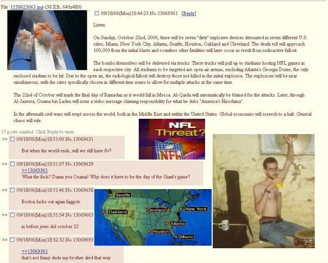 4Chan Party Van — Screenshot of 4chan thread with 2006 NFL stadium bomb threat post