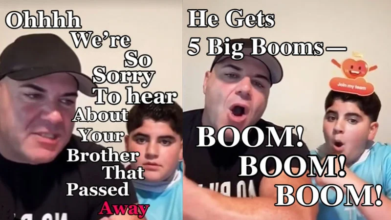 5 Big Booms — Split-screen of Costco Guys with A.J. expressing condolences and Big Justice saying 'five big booms'.