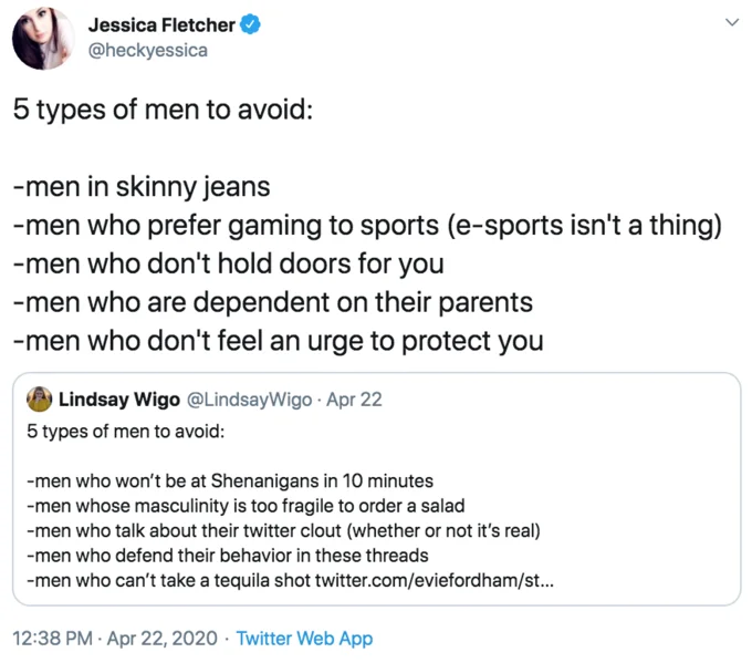 5 Types Of Men To Avoid Challenge — Jessica Fletcher @heckyessica 5 types of men to avoid: -men in skinny jeans -men who prefer gaming to sports (e-sports