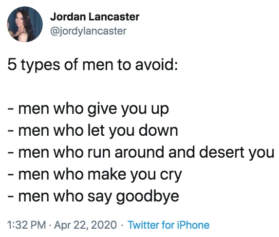 5 Types Of Men To Avoid Challenge — Jordan Lancaster @jordylancaster 5 types of men to avoid: - men who give you up - men who let you down - men who run around