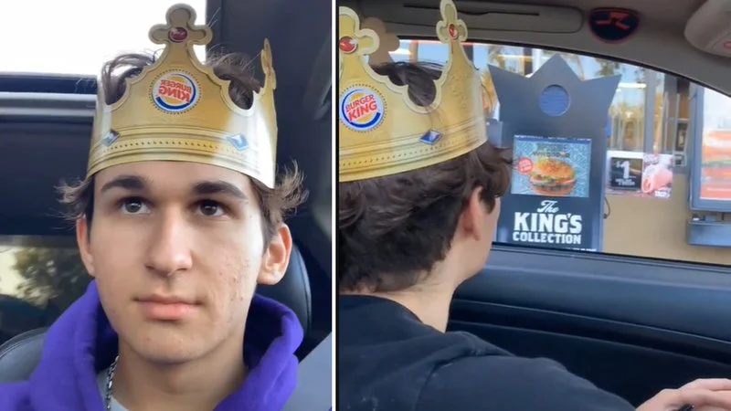 5 Whoppers And 5 More Whoppers — Two young men wearing Burger King crowns in car at drive-thru window in split-screen view.
