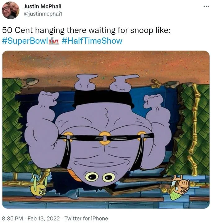 50 Cent Hanging Upside Down — Animated cartoon character hanging upside down waiting for Snoop Dogg at Super Bowl.