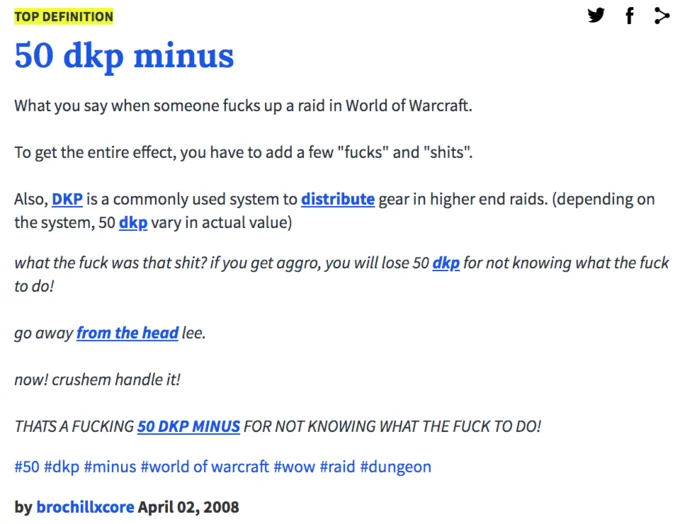 50 Dkp Minus Onyxia Wipe — Urban Dictionary top definition entry for '50 dkp minus' explaining its World of Warcraft raid context