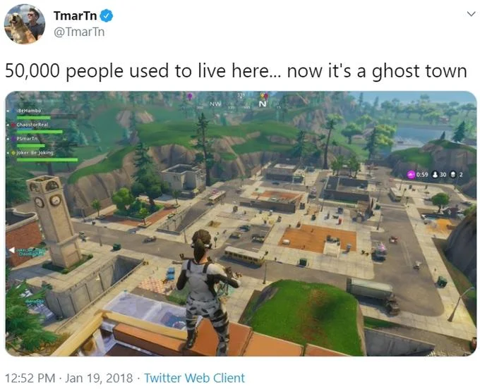 50000 People Used To Live Here Now Its A Ghost Town — Gaming variant showing Fortnite screenshot with ghost town quote on deserted area.