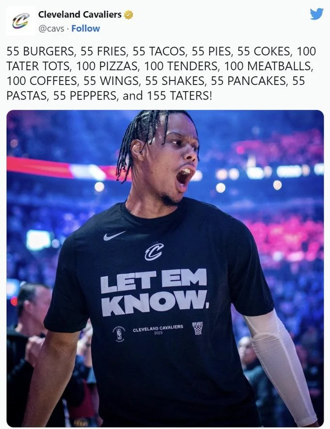 55 Burgers 55 Fries 55 Tacos 55 Pies — Cleveland Cavaliers Twitter post with '55 Burgers' meme text and basketball player image.