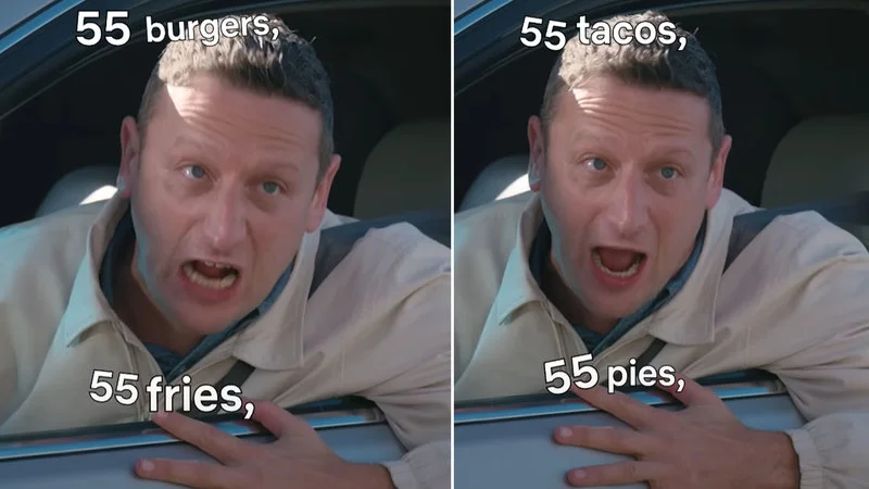 55 Burgers 55 Fries 55 Tacos 55 Pies — Split-screen from I Think You Should Leave sketch with character reaction and food order text.