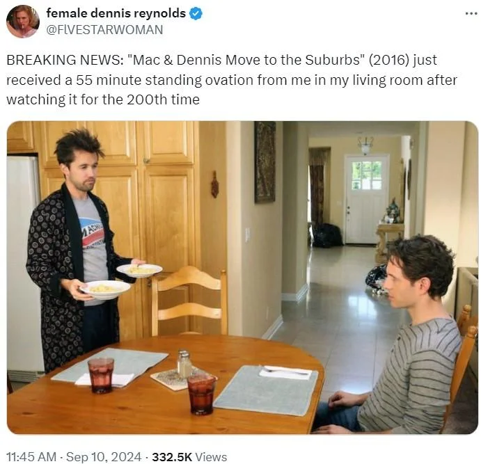 55 Minute Standing Ovation From Me In My Living Room — Twitter post celebrating It's Always Sunny in Philadelphia with standing ovation meme.