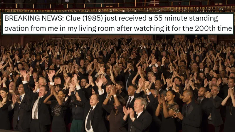 55 Minute Standing Ovation From Me In My Living Room — Standing ovation crowd at film festival with 55-minute meme text overlay.