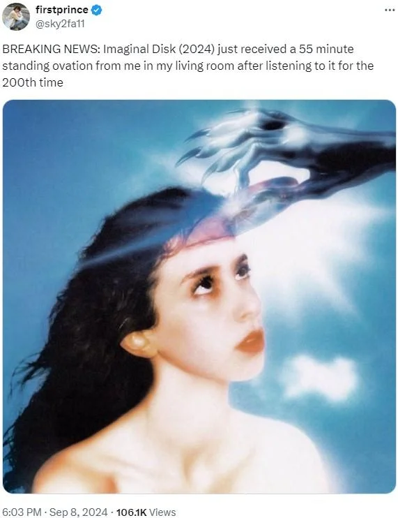 55 Minute Standing Ovation From Me In My Living Room — Twitter post celebrating album Imaginal Disk with standing ovation meme and surreal artwork.