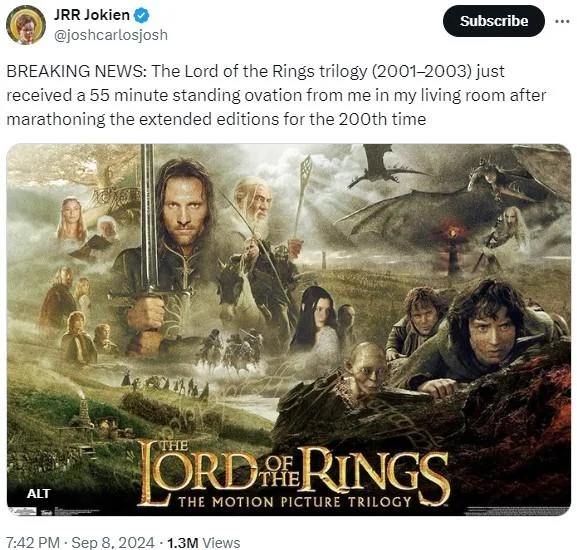 55 Minute Standing Ovation From Me In My Living Room — Twitter post celebrating Lord of the Rings trilogy with standing ovation meme and epic poster.