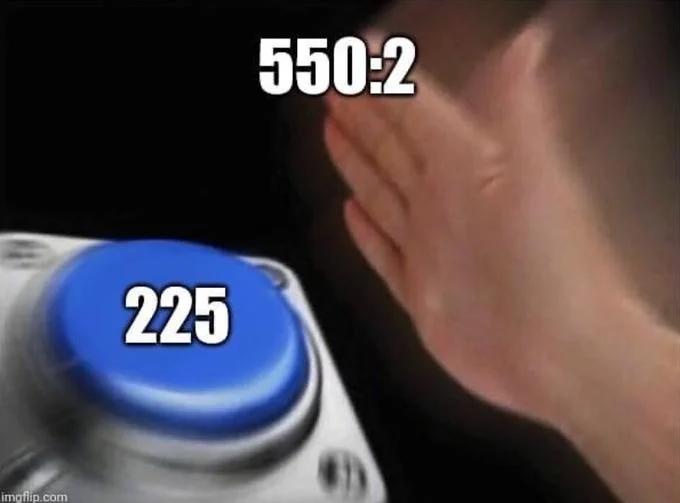 550 2 225 — Big red button meme with 225 button and 550:2 question tempting wrong answer.