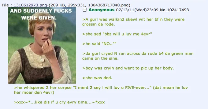 A 4chan post merging the 5Ever copypasta story with the 'And suddenly fucks were given' reaction macro.