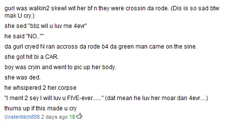 A text post version of the 5Ever copypasta featuring the full narrative with characteristic misspellings like 'gurl' and 'walkin2 skewl.'
