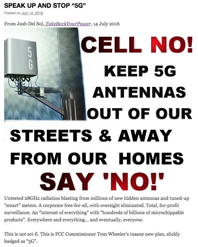5G Conspiracy Theories — An activist graphic featuring a 5G cell tower with bold text demanding removal of antennas, including conspiracy theory claims about