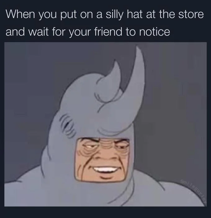 60S Spider Man Rhino — A meme variation showing Rhino's characteristic smile with text about putting on a silly hat at a store, an exploitable variation.