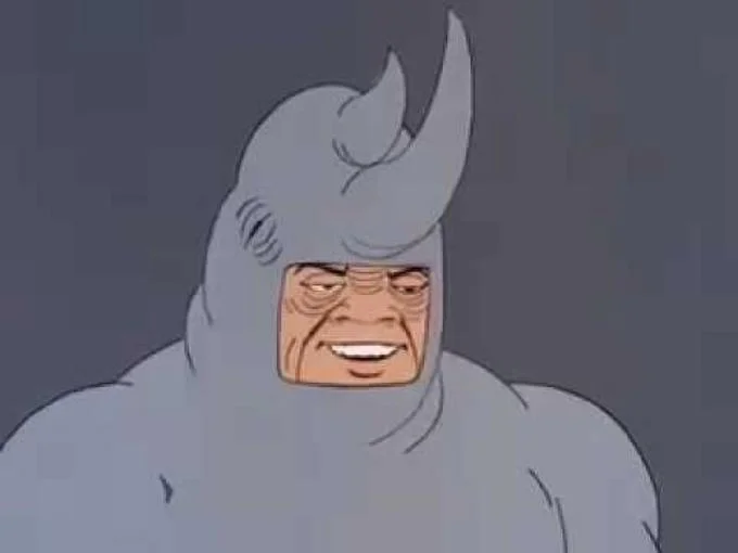 60S Spider Man Rhino — Rhino from the 1967 Spider-Man cartoon with a broad smile and distinctive grinning expression, a clean template variant for reaction