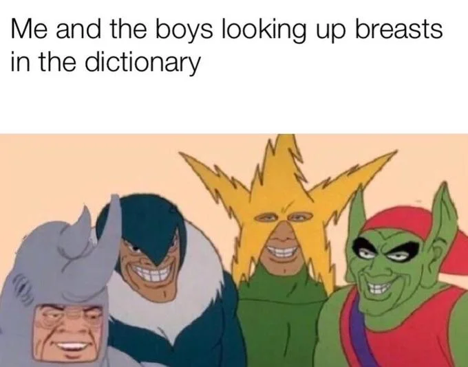 60S Spider Man Rhino — A group meme variant featuring multiple smiling Spider-Man villains including Rhino in a 'Me and the Boys' style format with humorous