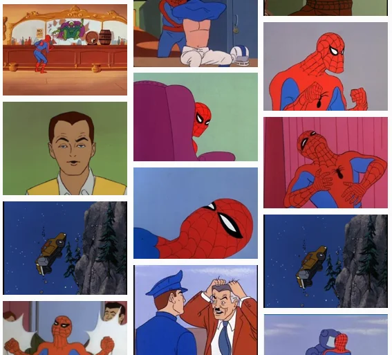 60S Spider Man — A multi-panel grid collage showcasing various scenes from the original 1960s Spider-Man cartoon, displaying Spider-Man in different poses