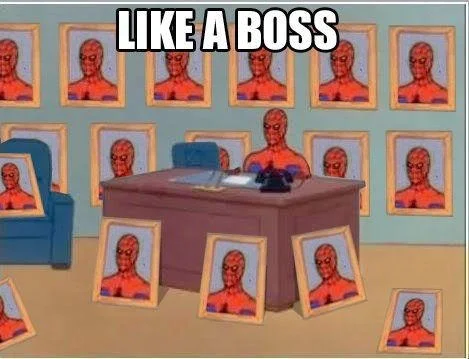 60S Spider Man — Spider-Man sits at a desk surrounded by framed portraits of himself on the walls with text 'LIKE A BOSS', pairing self-importance with modern