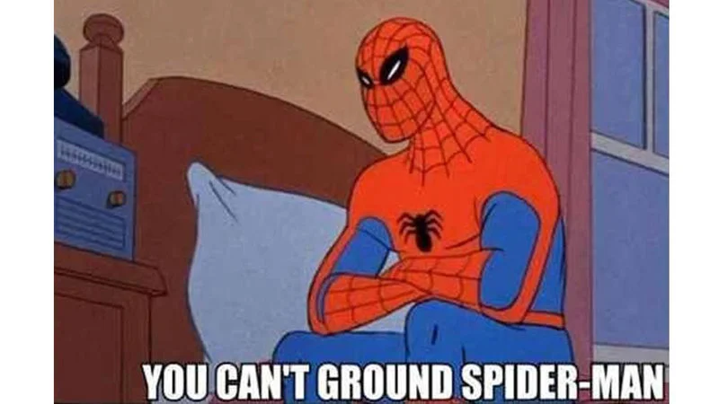 60S Spider Man — Spider-Man sits with arms crossed in a defiant, frustrated pose with text 'YOU CAN'T GROUND SPIDER-MAN', exemplifying the meme's core