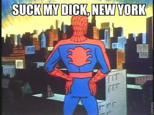 60S Spider Man — Spider-Man stands with back to camera overlooking the New York City skyline with text 'SUCK MY DICK, NEW YORK', exemplifying the format with