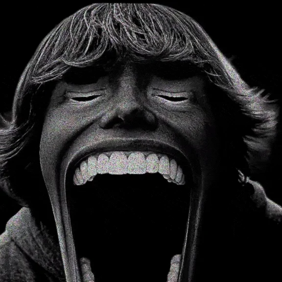 67 Kid — A black and white edited photograph showing a person with voluminous fluffy hair and wide open mouth expression, heavily digitally edited with high