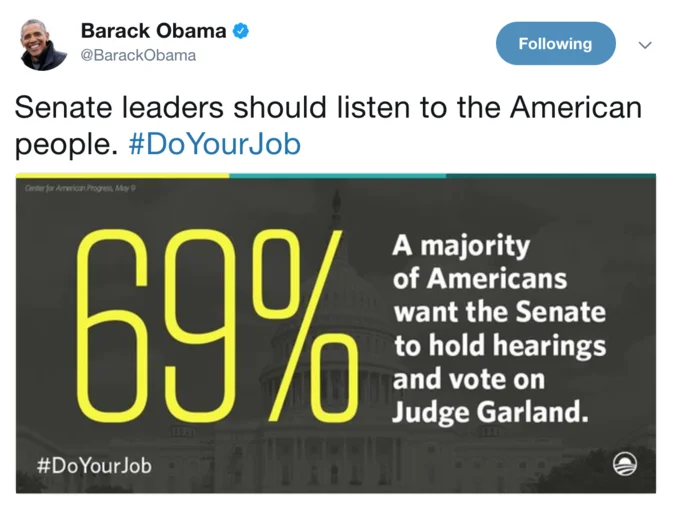 Barack Obama tweet with graphic saying 69 percent of Americans want a Senate vote on Judge Garland