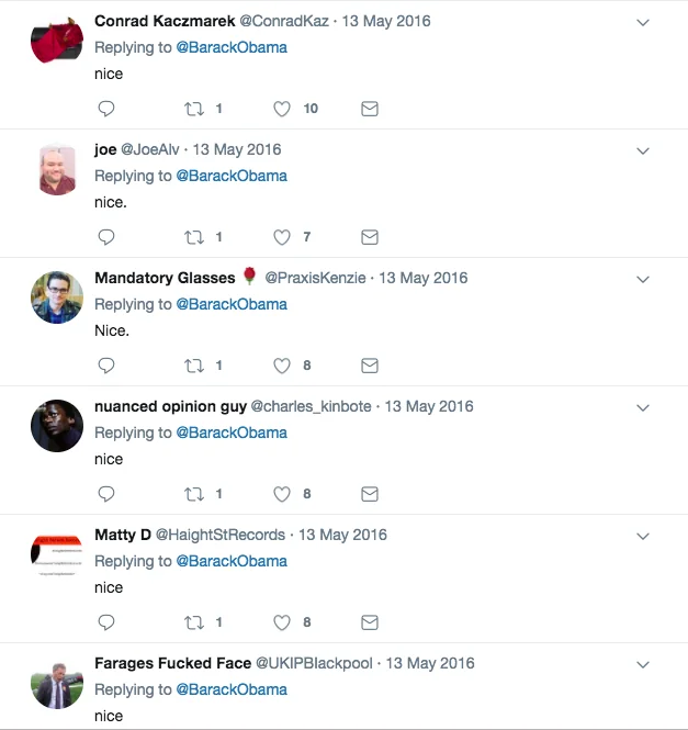 69 — Multiple Twitter replies to Obama tweet all saying nice