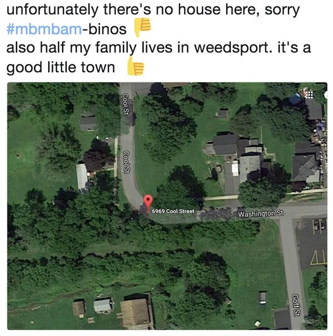 Aerial satellite view of 6969 Cool Street with overlaid social media post noting no house at the address, mentioning family connection to Weedsport, and