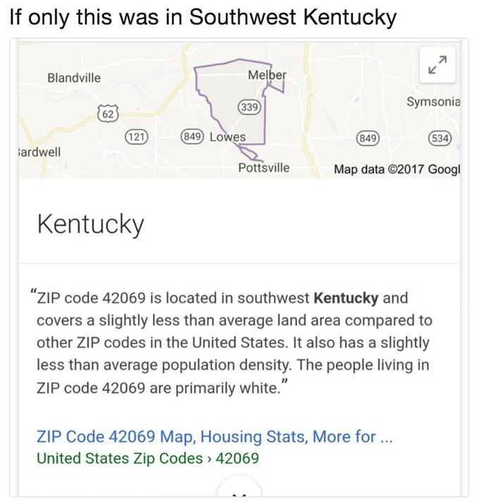 6969 Cool Street — Google Maps image of Southwest Kentucky with caption 'If only this was in Southwest Kentucky', a derivative variation expressing wishes for
