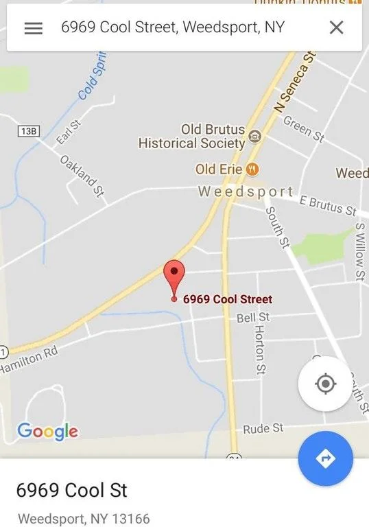 Google Maps screenshot displaying 6969 Cool Street in Weedsport, New York with location marker and surrounding area details including nearby landmarks.