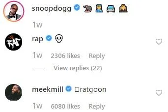 Instagram comments screenshot featuring reactions from rap personalities to 6ix9ine snitching allegations, with Snoop Dogg's comment using bird and legal