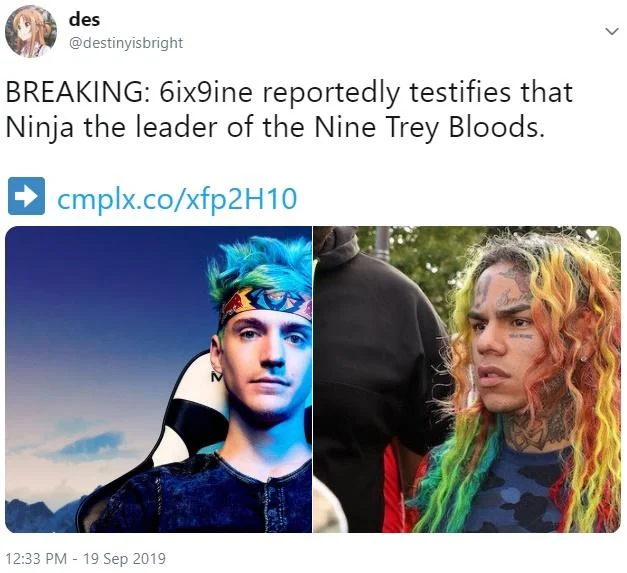 6Ix9Ine Snitch — Parody 'BREAKING' news meme claiming 6ix9ine testified that Twitch streamer Ninja was leader of Nine Trey Bloods, with side-by-side comparison