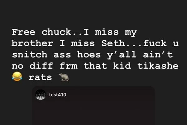 6Ix9Ine Snitch — Aggressive text post criticizing snitches and referencing 6ix9ine's cooperation with authorities, ending with laughing emoji followed by rat