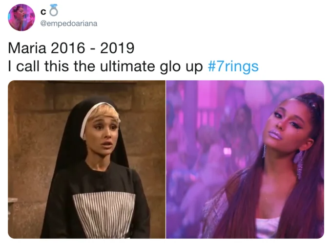7 Rings — A tweet from C using the #7Rings hashtag to describe a personal transformation between 2016-2019, a tangential use of the hashtag.