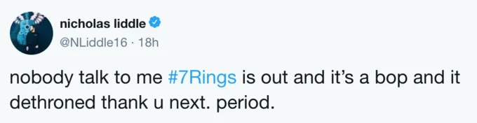 A tweet from nicholas liddle commenting on the 7 Rings song and its performance, part of the broader #7Rings Twitter conversation.