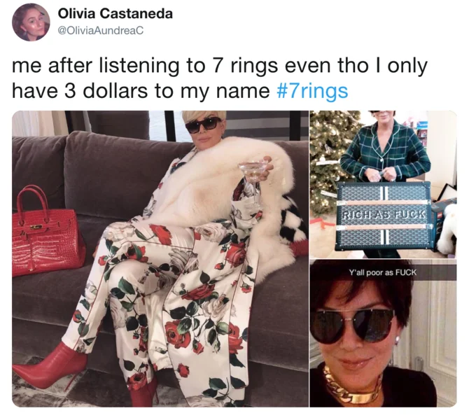 A tweet from Olivia Castaneda using the 7 Rings meme format—enjoying the shopping song while having only $3, with contrasting reaction images.