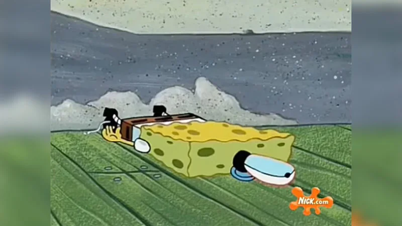 7252005 Spongebob Glitch Creepypasta — A distorted frame from SpongeBob SquarePants showing SpongeBob and Gary with glitch artifacts, visual corruption, and