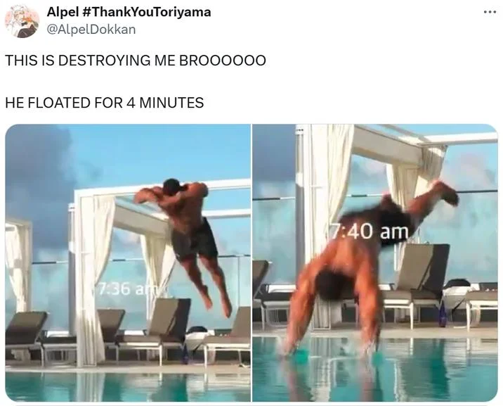 736 Pool Dive — Tweet with two side-by-side stills of pool diver at 7:36 am and 7:40 am joking he floated for 4 minutes