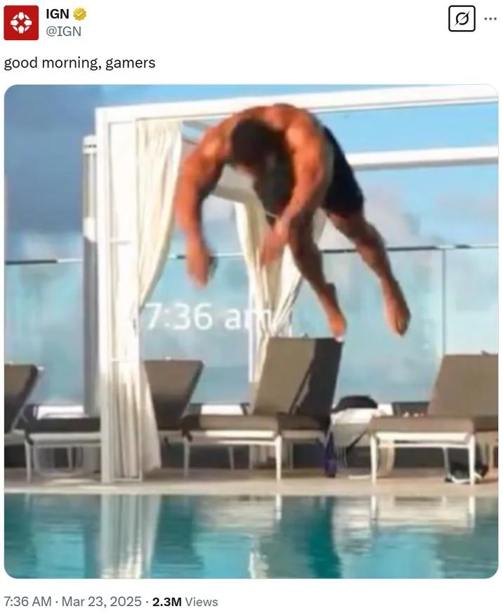 736 Pool Dive — IGN tweet reading 'good morning, gamers' with the 7:36 am pool dive image