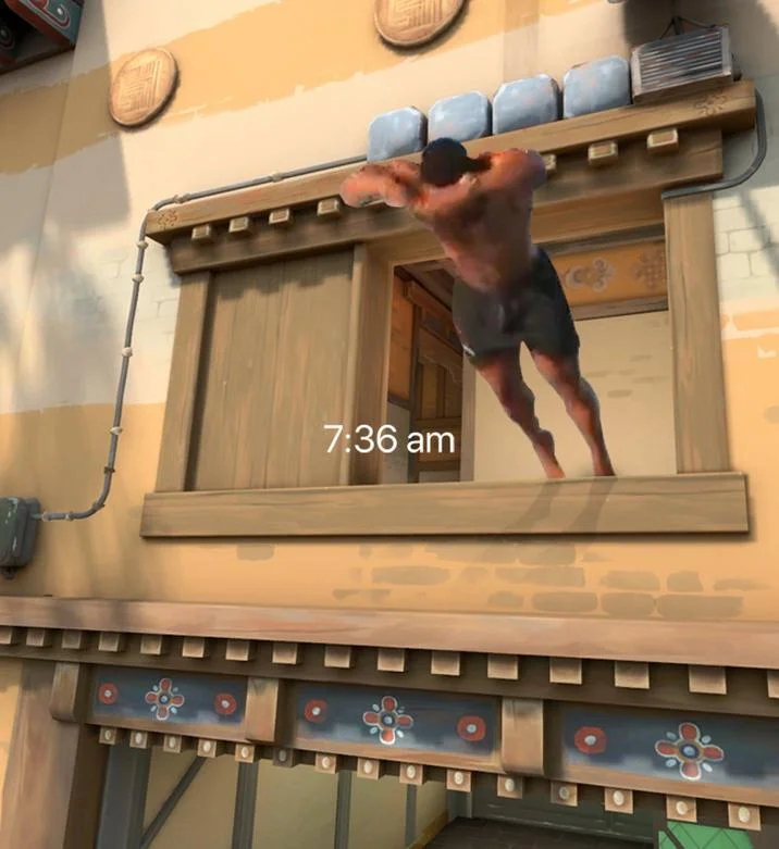 736 Pool Dive — Edited image of pool dive man diving into video game building window with 7:36 am overlay