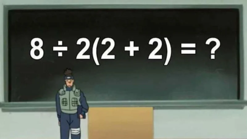 8222 — An animated character standing before a blackboard displaying the ambiguous equation 8÷2(2+2), the original and iconic meme template from the 2019
