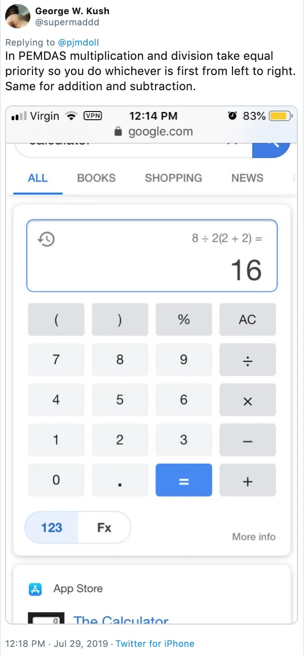 8222 — A Twitter post featuring a Google calculator search result showing 8÷2(2+2) resolved to 16, exemplifying how search engine calculators interpret the