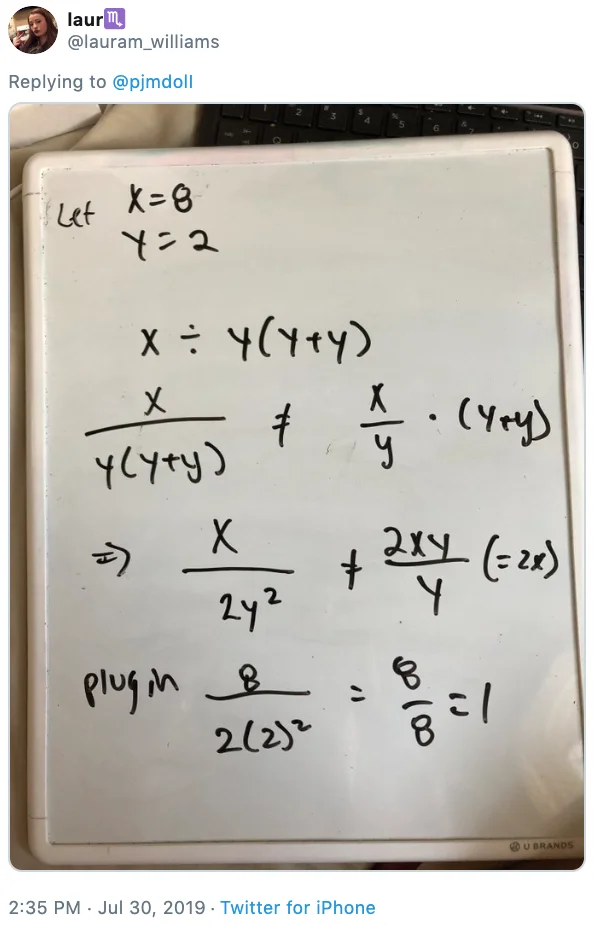 8222 — A Twitter screenshot of handwritten mathematical work on notebook paper solving equations related to 8÷2(2+2), including 8/(2(2)²) which yields 1.