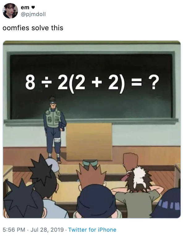 8222 — A screenshot of the original viral Twitter post by @pjimdoll from July 28, 2019, challenging followers to solve the ambiguous equation using a classroom
