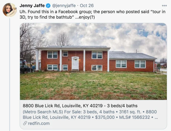Twitter post by Jenny Jaffe from October 26 discussing the Facebook group discovery of the 3D walkthrough for 8800 Blue Lick Road, with red brick building