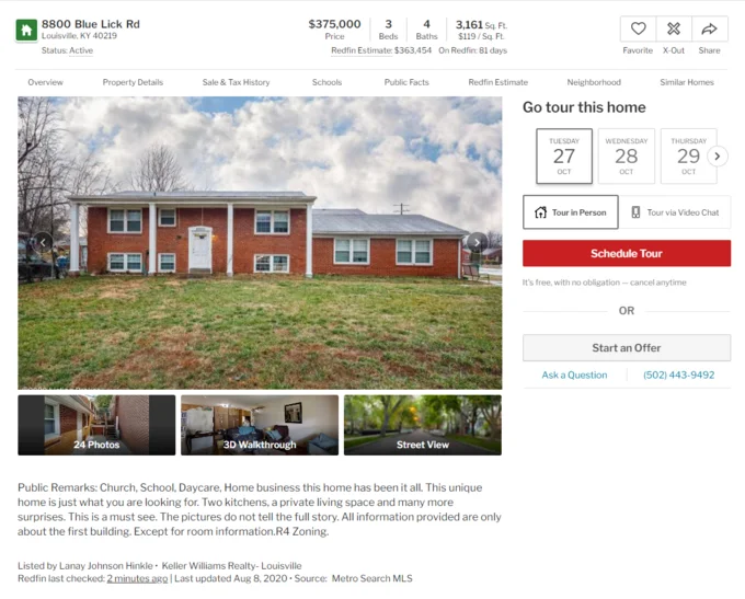 Redfin real estate listing page for 8800 Blue Lick Road in Louisville, Kentucky displaying the red brick building, property details, and scheduling options.