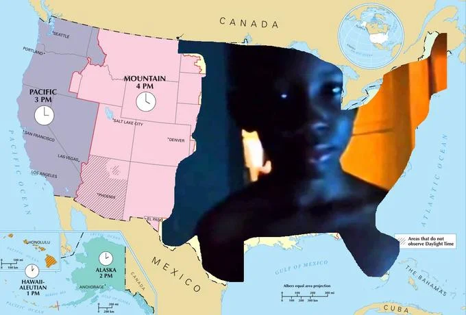 9 10 21 — The iconic dark figure with glowing eyes superimposed across the United States time zone map, emphasizing nationwide impact.