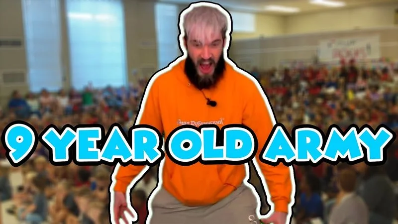 9 Year Old Army — Meme featuring a person in orange shirt with white outline positioned against a large crowd background, with 'YEAR OLD ARMY' text in bold