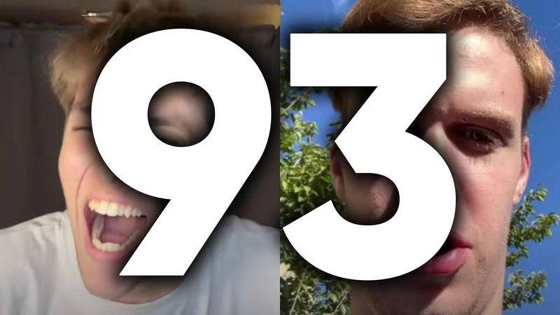 A split-screen image featuring two people with large white numbers '9' and '3' overlaid with face cutouts showing through, exemplifying the 93 Meme TikTok